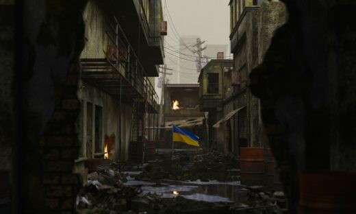 Flaga Ukrainy w gruzach